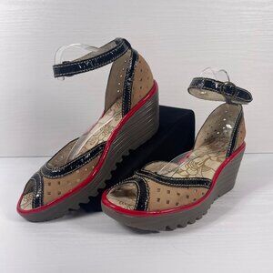 Fly London Ydel Wedge Platform Sandals EU 37 Cream Red Black Ankle Strap